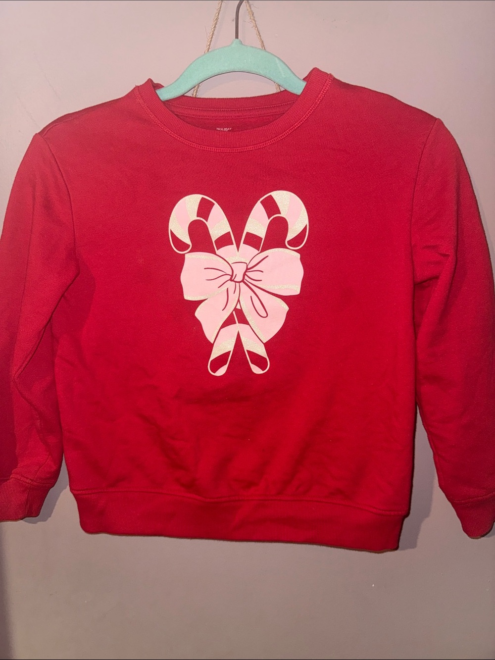 Girls Red Sweater with Candy Cane Glitter Graphic